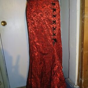 Luxurious Red Brocade Maxi Skirt with Black Ribbon Details